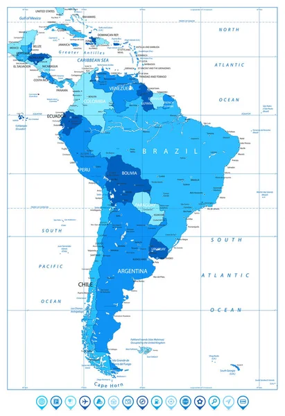 颜色的蓝色和地图指针南美洲详细地图 — 图库矢量图片
