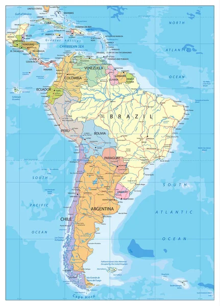 Sydamerikas politiska karta — Stock vektor