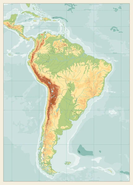 Südamerika detaillierte physikalische Karte mit globalem Relief, Seen und — Stockvektor