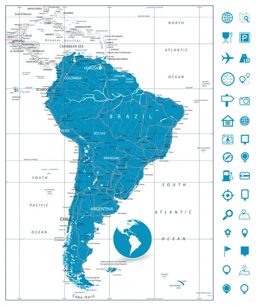 Sudamérica Mapa de ruta detallado e iconos de navegación — Vector de stock