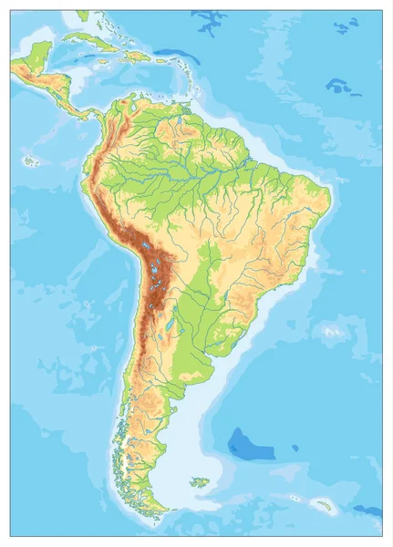 América do Sul Mapa físico detalhado com alívio global, lagos e — Vetor de Stock