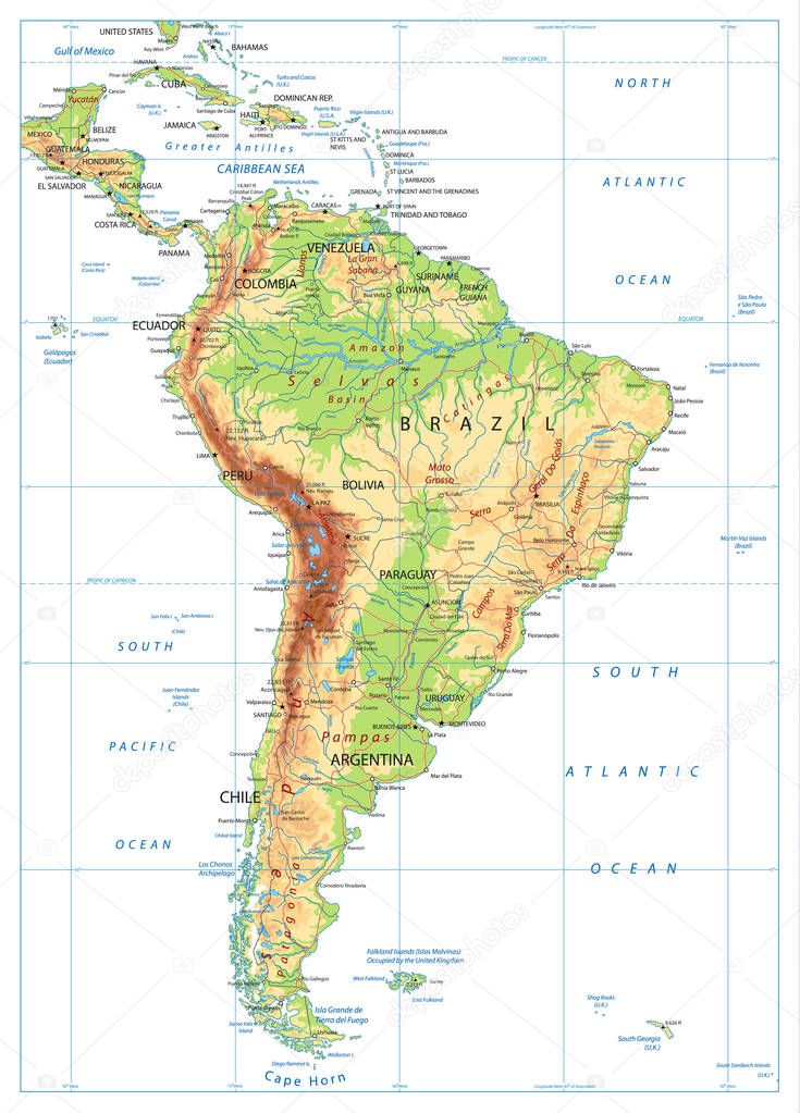 South America Physical Map isolated on white 