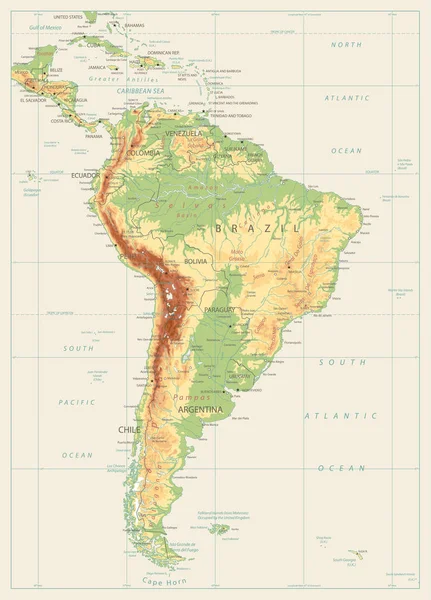 Sydamerika detaljerad fysisk karta. Vintage färg — Stock vektor