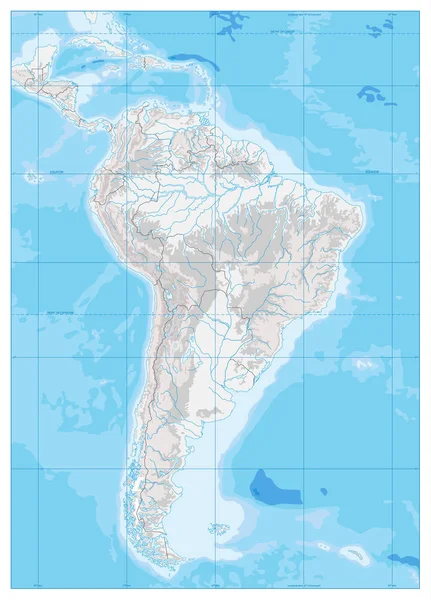 Mapa físico detallado de Sudamérica. Blanco y gris. No hay texto — Vector de stock