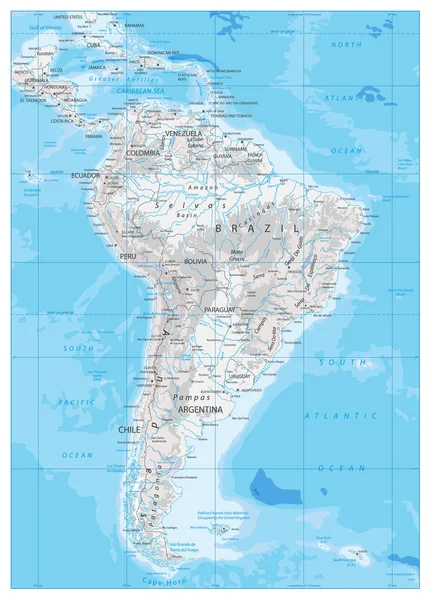 América do Sul Mapa físico detalhado — Vetor de Stock