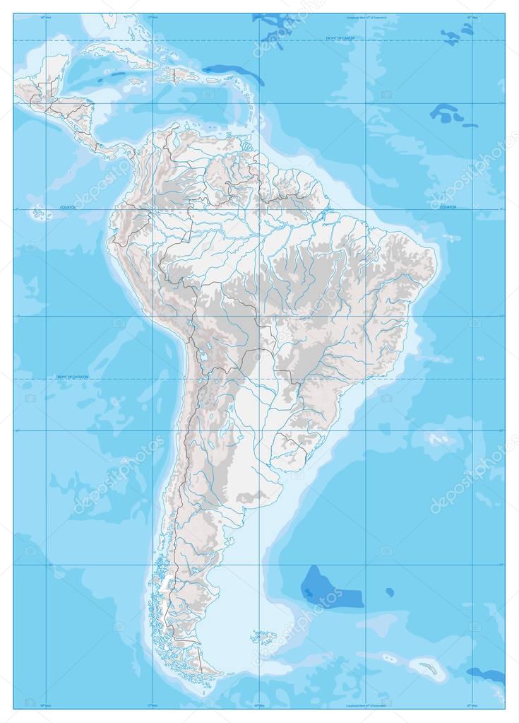 South America Detailed Physical Map. White and grey. No text