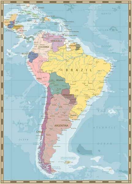 Cor vintage América do Sul Mapa político — Vetor de Stock