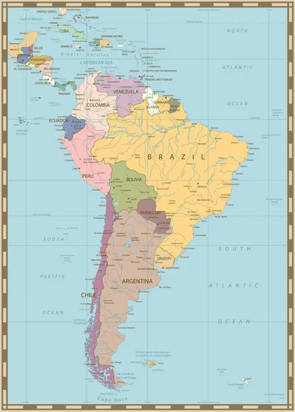 Sydamerika politiska karta. Gamla färger — Stock vektor