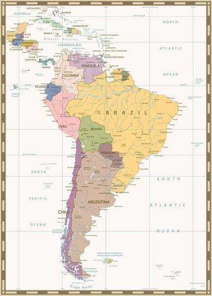 Mapa Político da América do Sul. Cor retro — Vetor de Stock