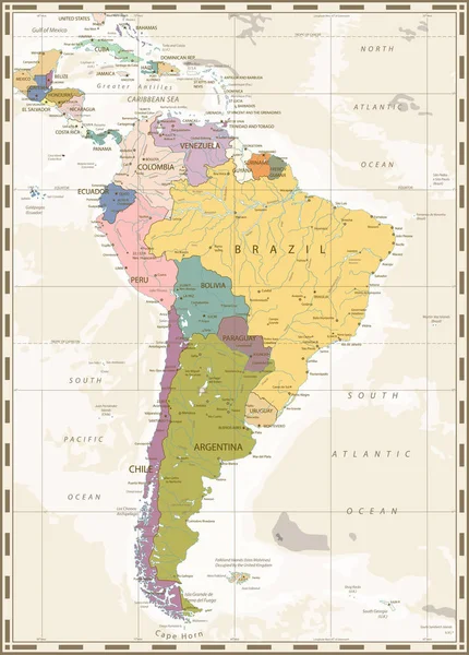 남아메리카의 오래 된 컬러 지도 — 스톡 벡터