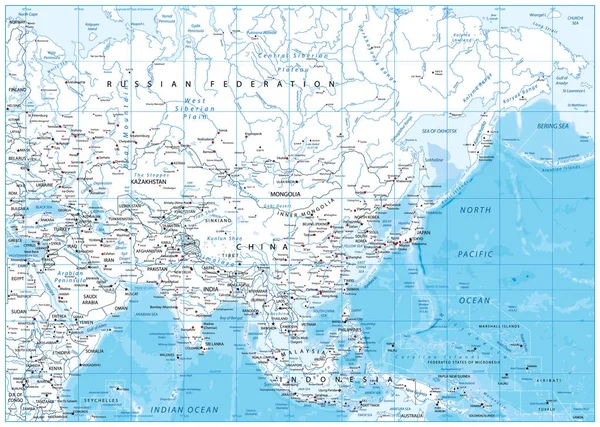 Asia mappa dettagliata — Vettoriale Stock