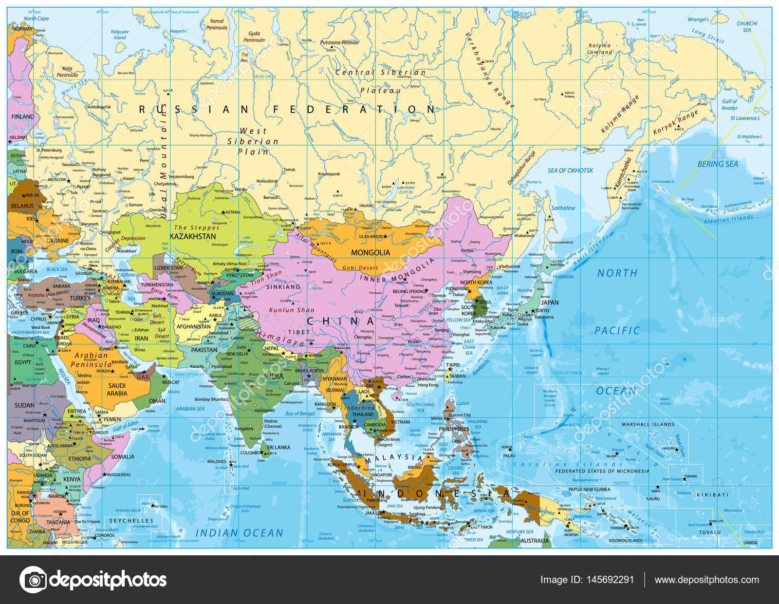 Politische Landkarte Asiens - Vektorgrafik: lizenzfreie Grafiken © Cartarium 145692291 