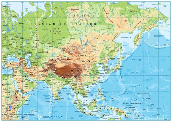 アジアの物理的な地図 — ストックベクタ