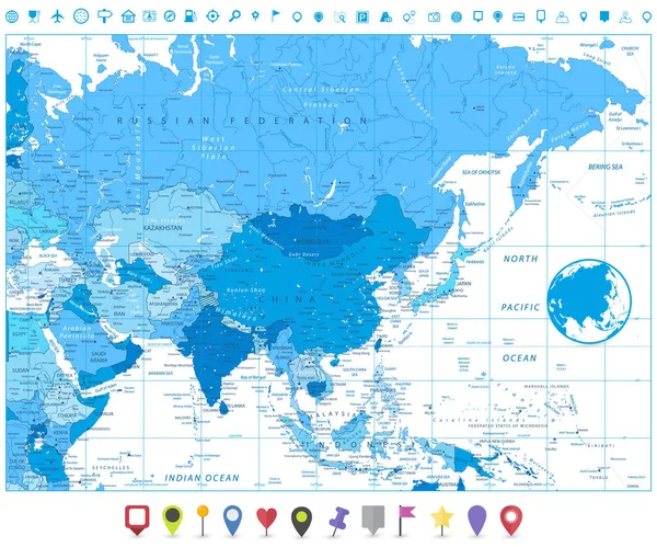 Mapa político da Ásia em cores de azul e ponteiros de mapa —  Vetores de Stock