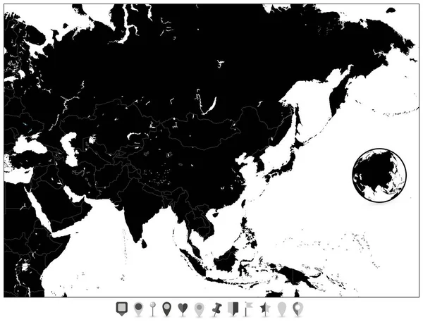Mappa vuota dell'Asia e puntatori mappa piatta — Vettoriale Stock