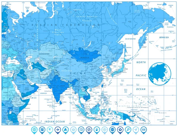 Carte de l'Asie en couleurs de bleu et pointeurs de carte — Image vectorielle