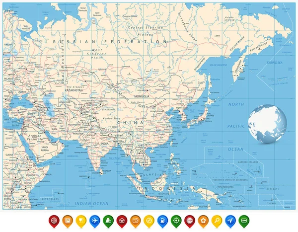 Carte politique de l'Asie et icônes de localisation — Image vectorielle