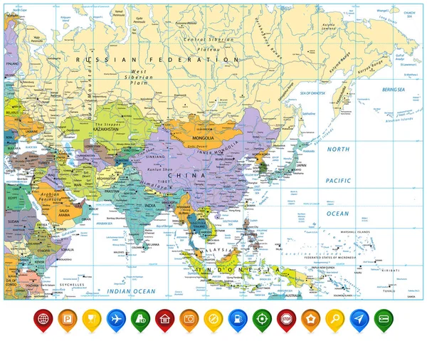 Färgade Asien karta och färgglada karta pekare — Stock vektor