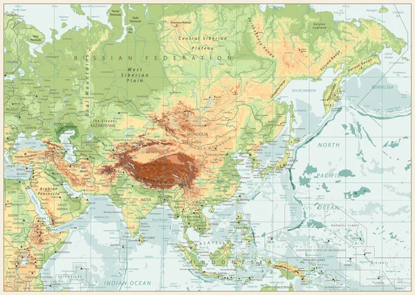 亚洲物理图谱与河流、 湖泊和海拔高度 — 图库矢量图片