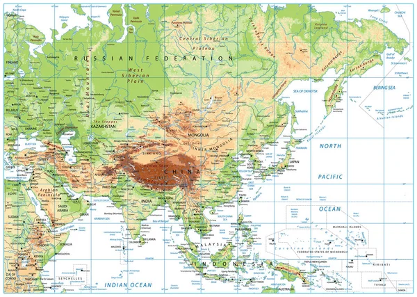Mapa físico de Asia aislado en blanco — Vector de stock