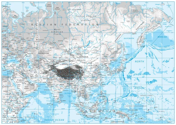 Mappa fisica dell'Asia di colore bianco e grigio — Vettoriale Stock