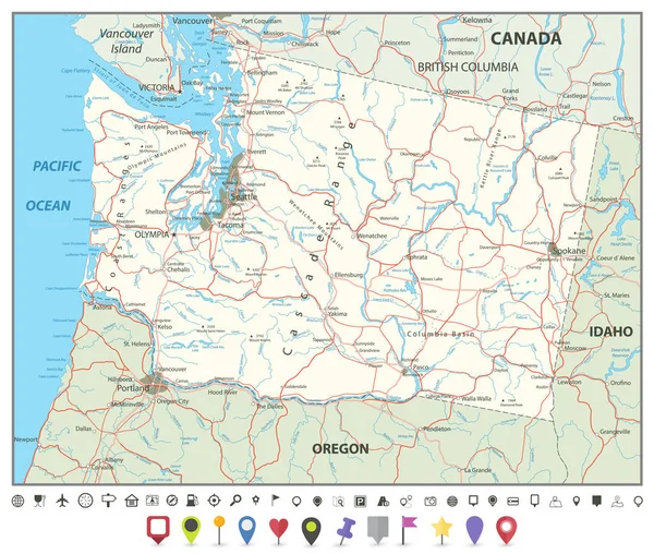 Washington state karta med vägar och karta pekare — Stock vektor