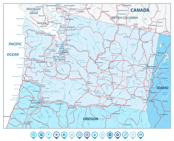 Mapa státu Washington v barvách modré a navigační ikony — Stockový vektor