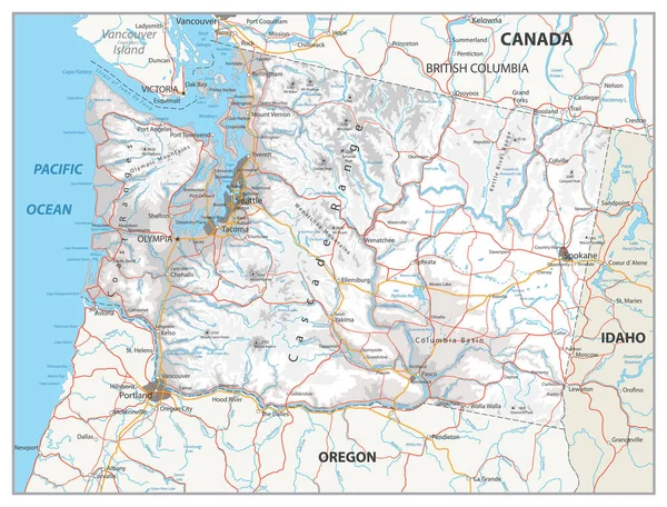 Mapa del estado físico de Washington. Blanco y gris . — Archivo Imágenes Vectoriales