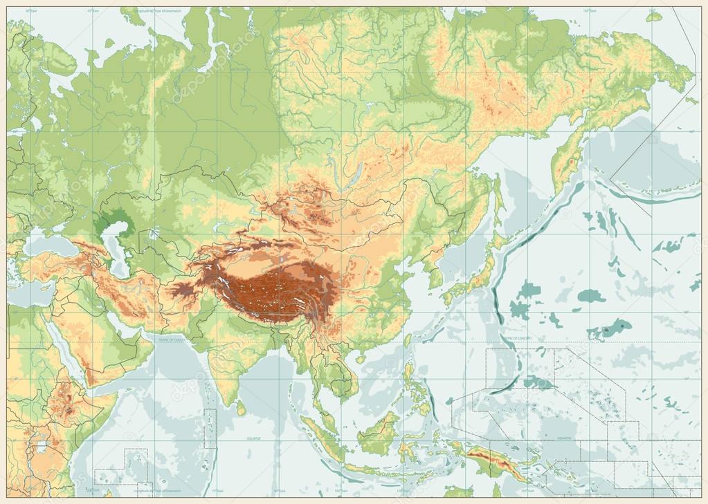 Asia Physical Map Retro Colors