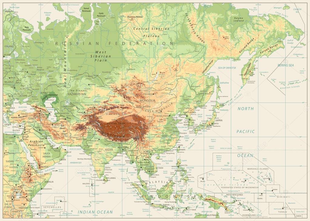 Asia Physical Map Retro White