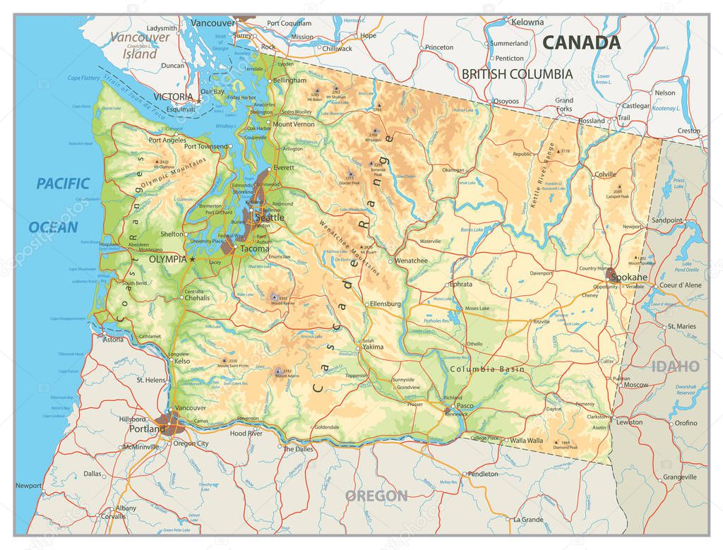 Physical map of Washington state