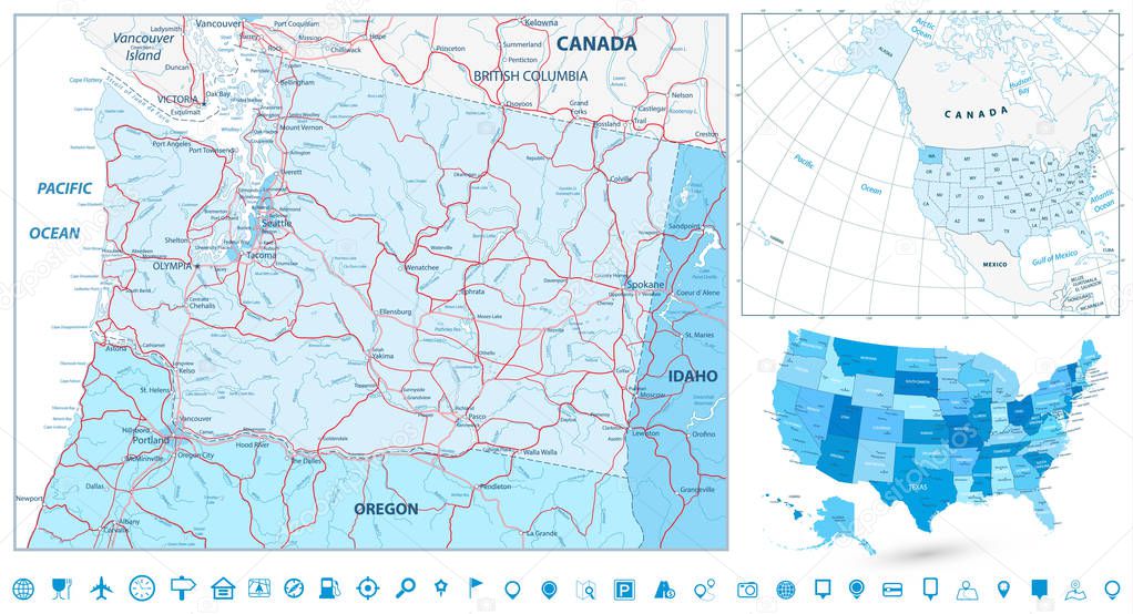 Washington state map navigation set in colors of blue