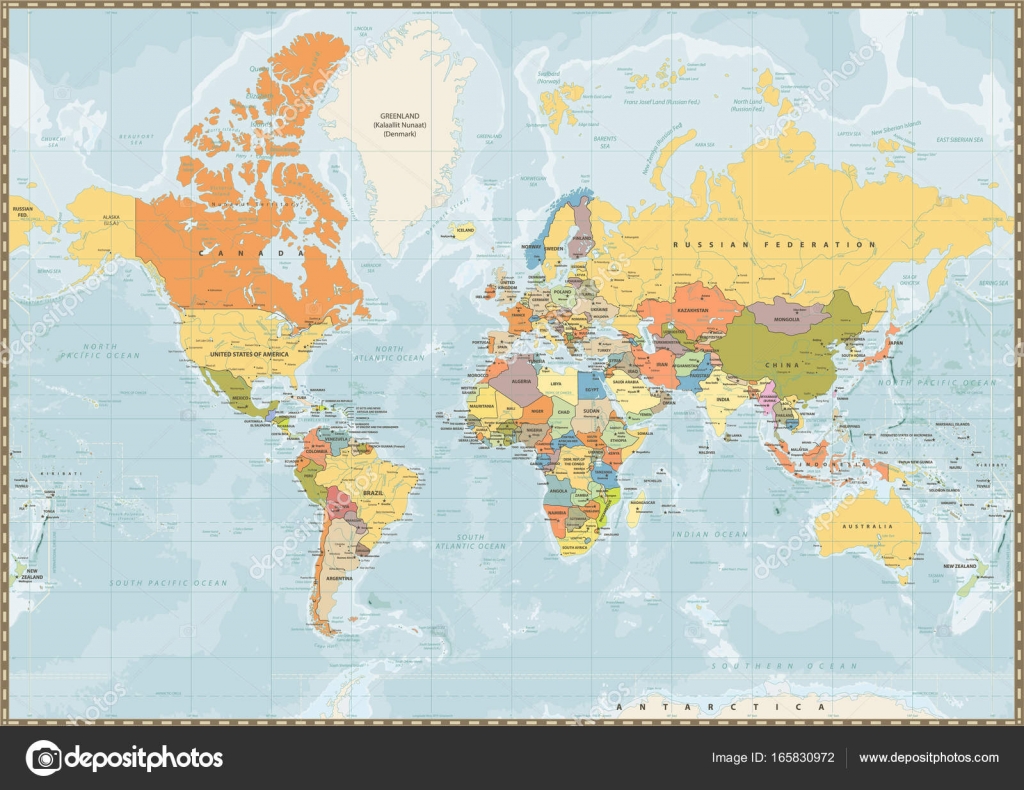 Politisk verdenskort vintage farve med søer og floder Stockvektor af ...