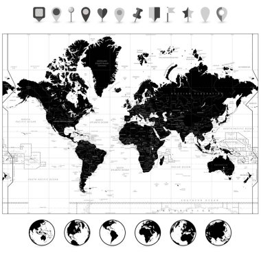 Black World Map and navigation icons isolated on white clipart