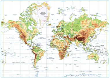 Fiziksel dünya haritası üzerinde etiketleme ile beyaz izole