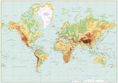 Fiziksel dünya harita Retro renkleri ayrıntılı. Yok bathymetry