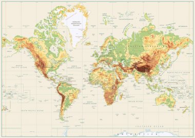 Ayrıntılı fiziksel dünya haritası üzerinde izole Retro beyaz renk