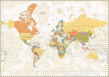 Siyasi Dünya Haritası retro renk göller ve nehirler ve labeli ile