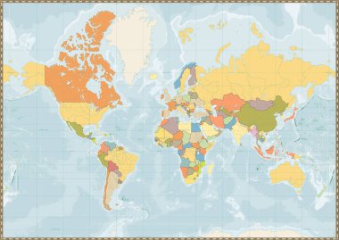 Göller ve nehirler ile boş siyasi Dünya Haritası vintage renk