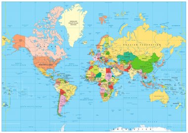 Etiketleme ile son derece detaylı siyasi Dünya Haritası