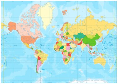Siyasi Dünya Haritası ve bathymetry. Metin yok
