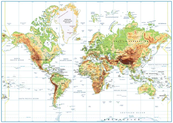 Mappa fisica del mondo isolata su bianco con etichettatura — Vettoriale Stock