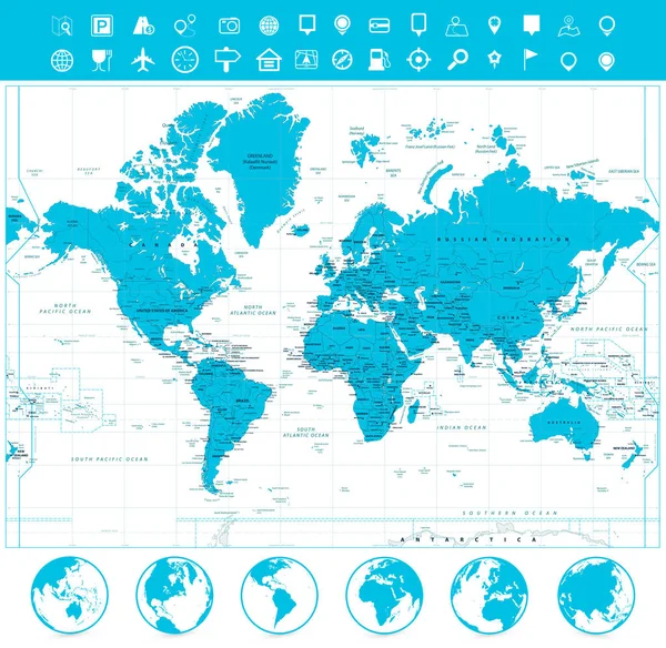 Karta över världen och platt glober med märkning — Stock vektor
