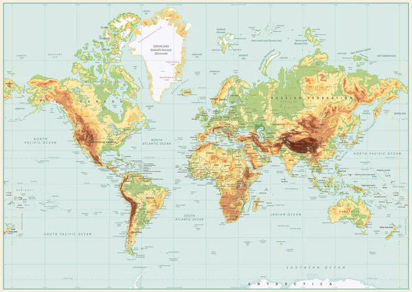 Mappa dettagliata del mondo fisico Colori retrò. Nessuna batimetria — Vettoriale Stock