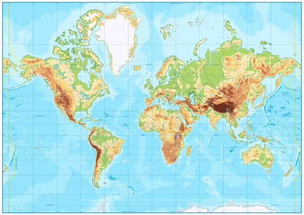 Mapa del mundo físico en blanco y batimetría — Vector de stock