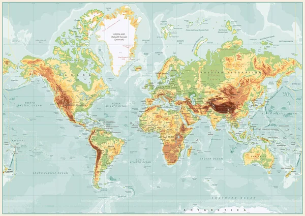 Mapa físico del mundo Colores retro con etiquetado — Archivo Imágenes Vectoriales