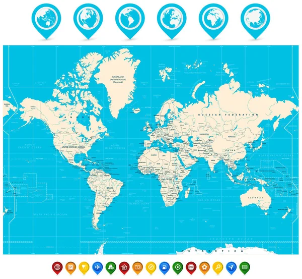 Mapa del mundo vector de ilustración y punteros de mapa — Vector de stock