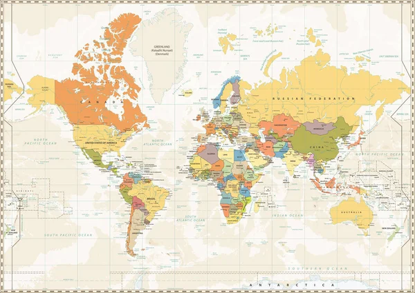 Mappa del mondo politico colore retrò con laghi e fiumi e labeli — Vettoriale Stock