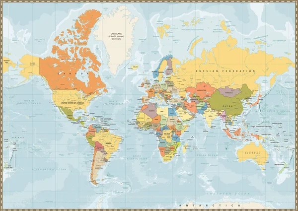 Politikai világtérkép vintage színes tavak és folyók — Stock Vector