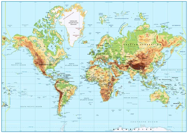Mappa fisica dettagliata del mondo con etichettatura. Nessuna batimetria — Vettoriale Stock